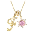 Golden necklace featuring a pink cubic zirconia snowflake and crystal letter F pendant - Gold (Initial F)
