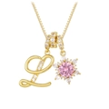 Golden box chain necklace with pink stone snowflake pendant and cursive letter L charm - Box Chain / Gold L