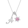 Detailed view of silver letter A pendant and pink snowflake charm with zircons - Box Chain / Silver A