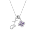 Detail of silver box chain necklace featuring a zircon letter J and purple clover pendant - Silver J