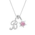 Detailed close-up of a silver box chain necklace with a pink zircon snowflake and letter B pendant - Box Chain / Silver B