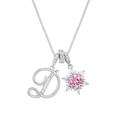 Detailed close-up of a silver box chain necklace with a letter D and pink stone snowflake - Box Chain / Silver D