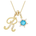 18K gold plated necklace with zircon letter R and blue starburst pendant on chain - Gold - Letter R
