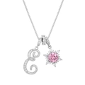 Detail of silver necklace with crystal letter E and pink stone snowflake pendant - Box Chain / Silver E