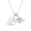 Detail of silver letter D necklace with pink zircon heart pendant and cupid arrow charm - Letter D / Silver