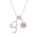 Macro view of silver necklace featuring letter G and snowflake pendant with pink gemstone - Box Chain / Silver G