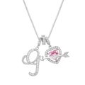 Detailed view of silver heart pendant with pink gem and Cupid arrow on a box chain - Letter G / Silver