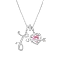 Detail of silver alloy necklace featuring pink heart stone, arrow and crystal letter T - Letter I / Silver