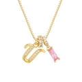 Collar de oro de 18K con letra U de circonita y colgante de gema rosa rectangular - Cadena de cajitas / Oro U