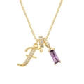 Collana dorata con ciondolo lettera F e pietra di zircone viola a forma quadrata - Oro (F)