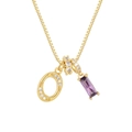 Dettaglio della catena box dorata con ciondolo lettera O e zircone viola rettangolare - Oro (O)