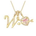 Detailed macro of golden box chain with zircon letter W and pink heart arrow pendant - Letter W / Gold