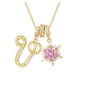 Macro detail of golden snowflake pendant with large pink gemstone and crystal letter U - Box Chain / Gold V