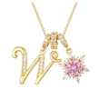 Detail of a gold-plated necklace with a pink zircon flower and a crystal-set letter W charm - Box Chain / Gold W