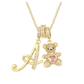 Golden box chain necklace featuring sparkling teddy bear and crystal letter A pendants - Gold A