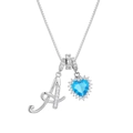 Detailed close-up of silver box chain necklace with letter A and blue heart pendant - Silver Tone Letter A Style