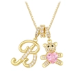 Golden box chain necklace with letter R pendant and diamond bear with pink heart jewel - Letter B / Gold