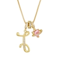 Gold-plated letter T necklace with pink heart planet pendant and sparkling crystals - Letter T / Gold