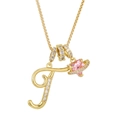 Detailed close-up of gold letter F pendant with pink heart planet and micro-pave crystals - Letter F / Gold