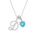 Detail of silver necklace with blue heart gemstone and letter D pendant with zircons - Silver Tone Letter D Style