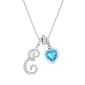 Detail of silver box chain necklace with crystal letter E and blue heart halo pendant - Silver Letter E Style