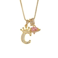 Gold plated crown letter C necklace with pink heart planet pendant and box chain - Gold Letter C Style
