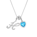 Blue heart gemstone and diamond-set letter H pendant necklace on a silver chain - Silver Tone Letter H Style