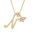 Gold letter N necklace with pink heart planet pendant and sparkling cubic zirconia - Letter N / Gold