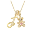 Detail of a gold bear pendant with pink heart stone and crystal letter J on box chain - Gold J