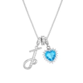Detailed view of silver heart pendant with blue gemstone and diamond-studded letter J - Silver Tone Letter J Style