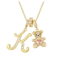 Gold-plated letter K bear pendant necklace with sparkling cubic zirconia and pink heart - Gold K