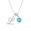 Close-up of silver letter L pendant and heart-shaped blue zircon stone with diamond halo - Silver Tone Letter L Style