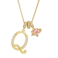 Detail of gold necklace with letter Q pendant and pink heart planet with zircons - Letter Q / Gold