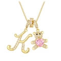 Golden 26-letter K and crystal bear pendant necklace with pink heart gemstone - Letter K / Gold