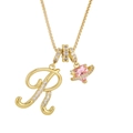 Dopamine style gold letter R necklace with pink heart planet pendant and zircons - Letter R / Gold