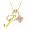Golden clover pendant necklace with pink stones and micro-inset letter P charm - Gold Letter P Style