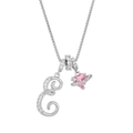 Macro view of crystal letter E pendant with pink heart Saturn charm on silver chain - Letter E / Silver