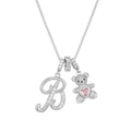 Close-up of silver chain necklace with diamond letter B and pink heart bear pendant - Silver B