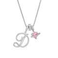 Close-up of silver D-letter pendant and pink heart planet charm with cubic zirconia - Letter D / Silver