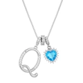 Detailed macro of silver box chain with crystal Q initial and blue heart pendant - Silver Tone Letter Q Style