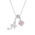 Detail of silver S925 necklace featuring letter A pendant and pink clover flower charm - Silver Letter A Style