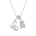 Detail of bear pendant with pink heart stone and crystal paved letter L on box chain - Silver C