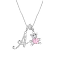 Detail of silver bear necklace featuring pink heart stone and crystal paved letter A - Letter A / Silver