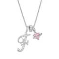Detail of silver letter F pendant with pink heart and crystal orbit on chain - Letter F / Silver