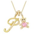 Detail of gold necklace with letter P pendant and crystal bear holding a pink heart - Letter P / Gold