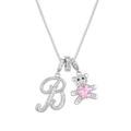 Macro detail of silver necklace featuring letter B and bear with pink heart crystal - Letter B / Silver