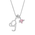 Detail of silver letter G and pink heart planet charms on a 14k gold-plated necklace - Letter G / Silver
