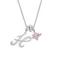 Detail of pink heart planet pendant with silver letter K and sparkling crystals - Letter K / Silver