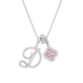 Detailed macro view of letter D pendant with pink clover set in silver cubic zirconia - Silver Letter D Style