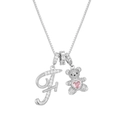 Detail of silver bear pendant with pink heart gemstone and sparkling letter F on box chain - Silver F